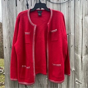 Vintage Nouveaux Women’s L Red 100% Wool Cardigan Sweater‎ with Hemline Accents